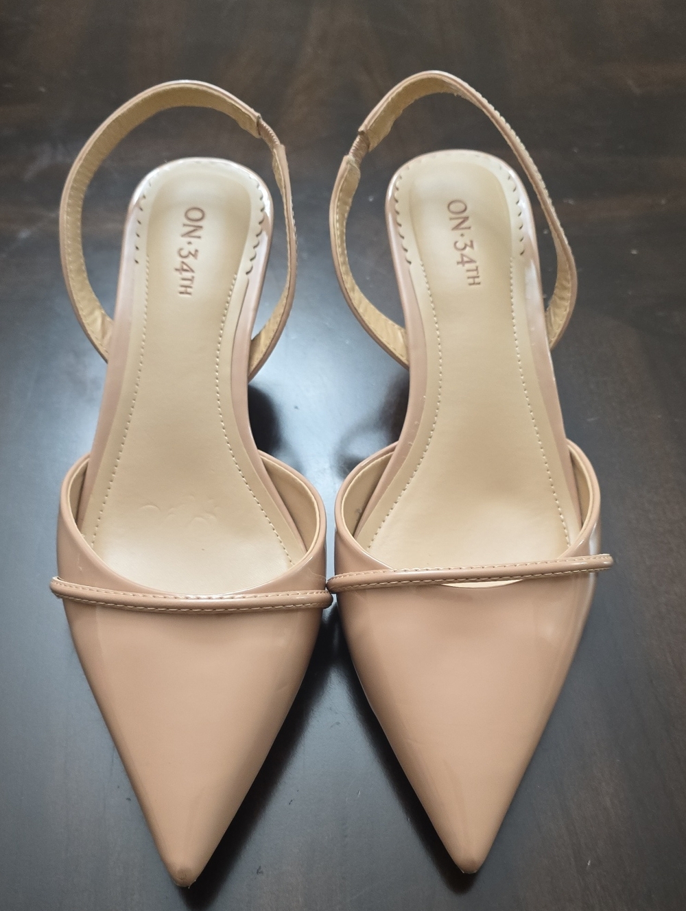 ON-34TH Nude Patent Pointed-Toe Slingback Heels